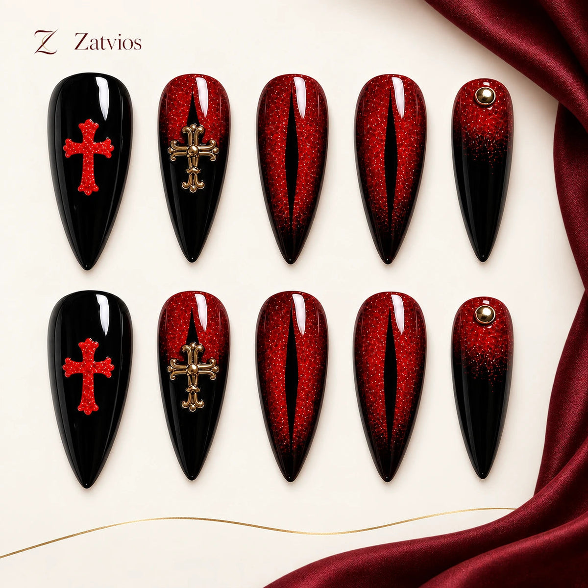 Zatvios Crimson Icon DM-107 — ten-nail design display; Crimson / Black / Gold-toned accents