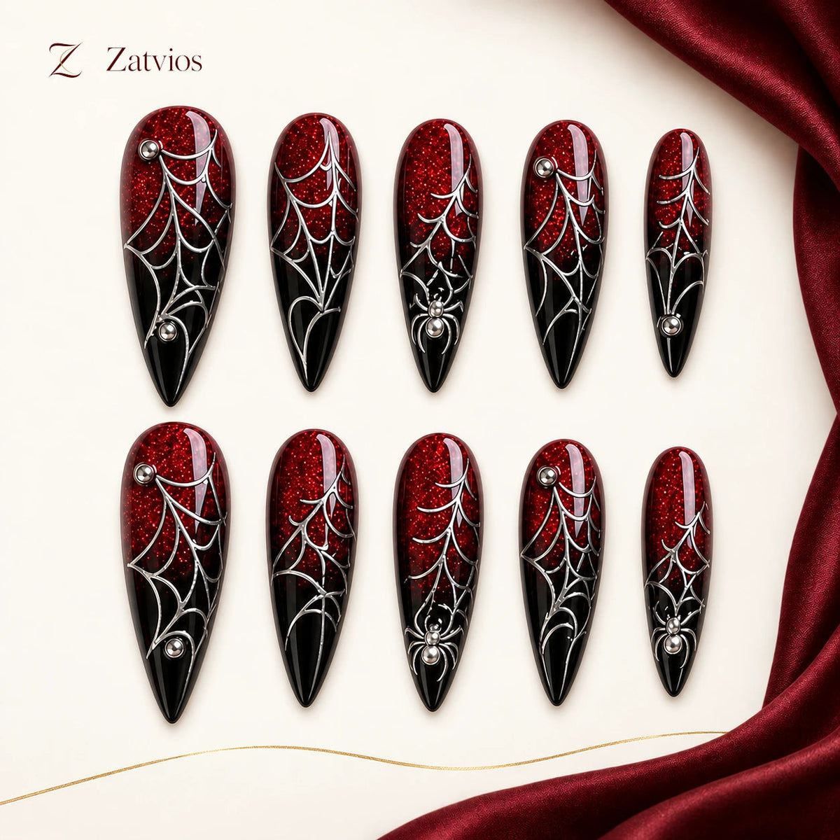 Zatvios Scarlet Web DM-109 — ten-nail design display; Scarlet / Black / Silver