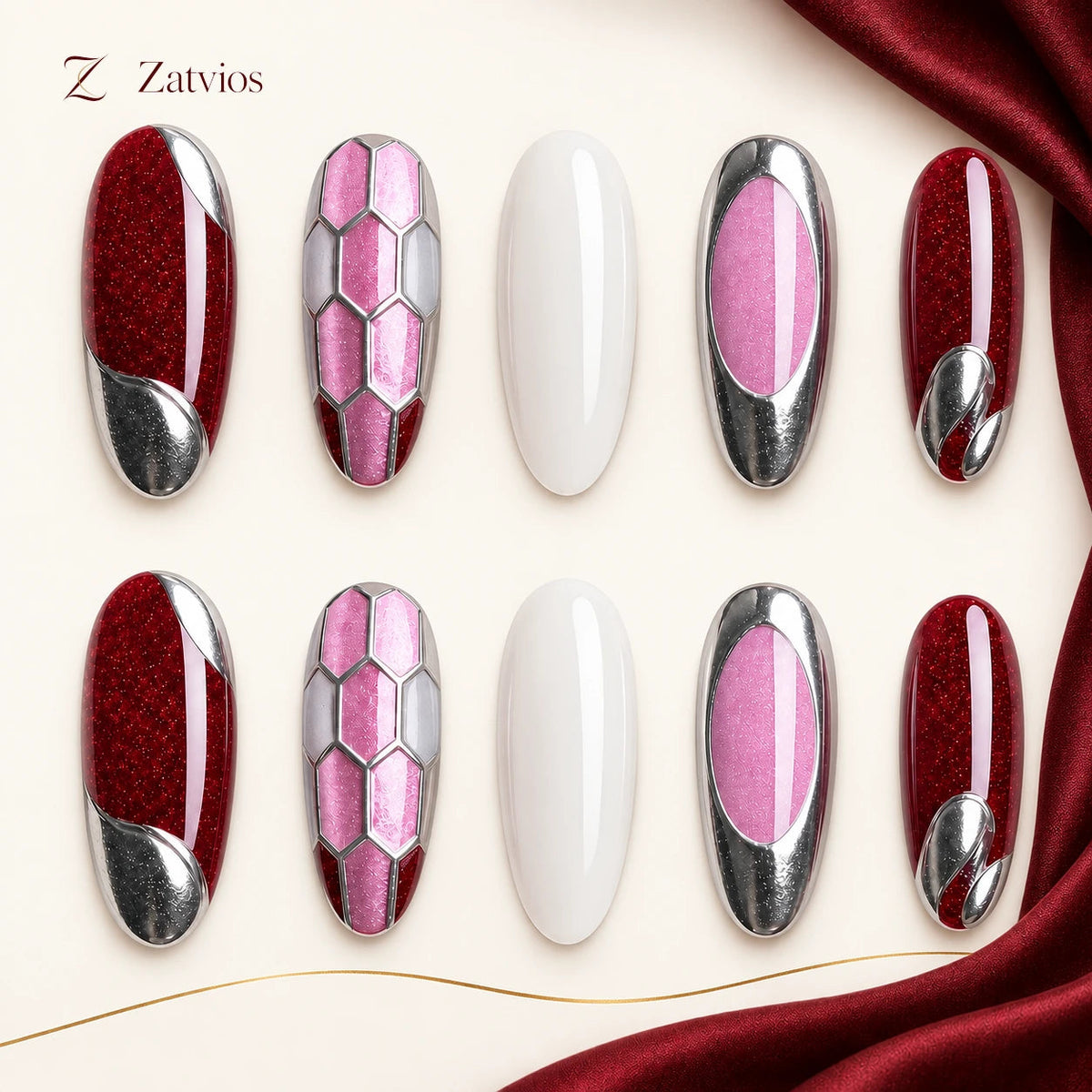 Zatvios Bordeaux Lattice DM-124 — ten-nail design display; Bordeaux / Rose / Silver