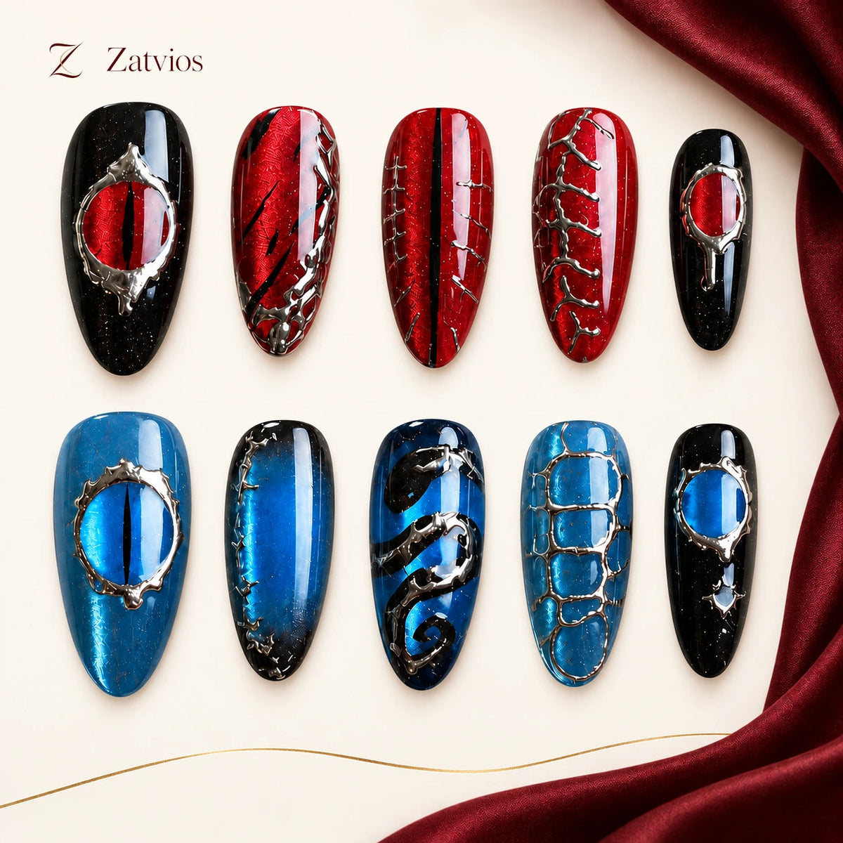 Zatvios Dragon Glance DM-128 — ten-nail design display; Ruby / Cobalt / Black