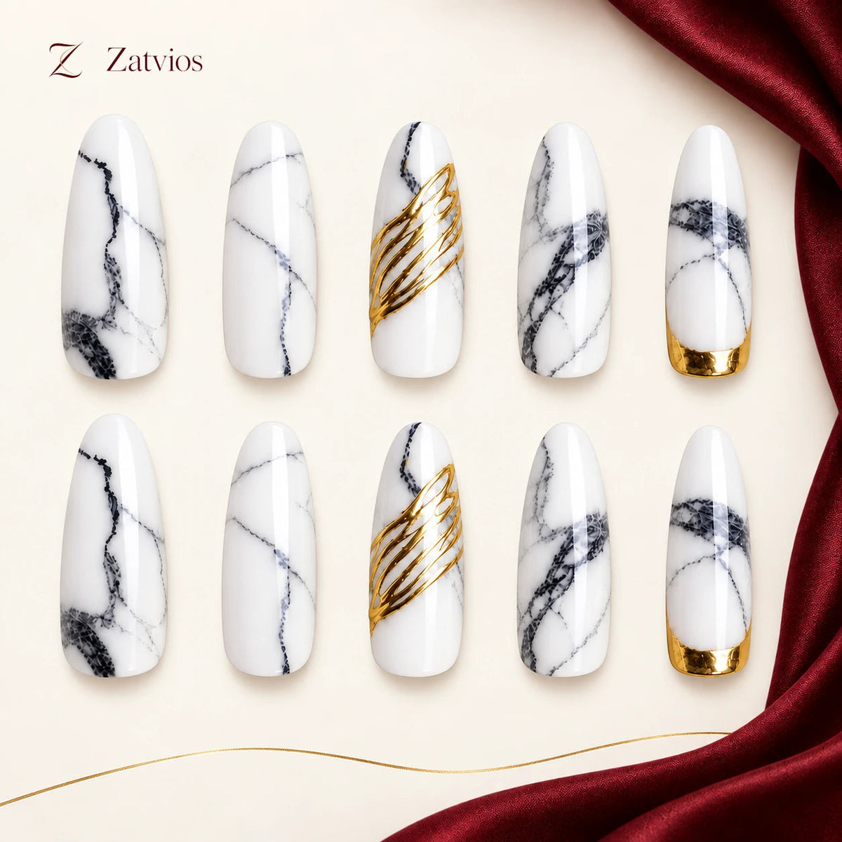Zatvios Marble Muse DM-129 — ten-nail design display; White / Grey / Gold