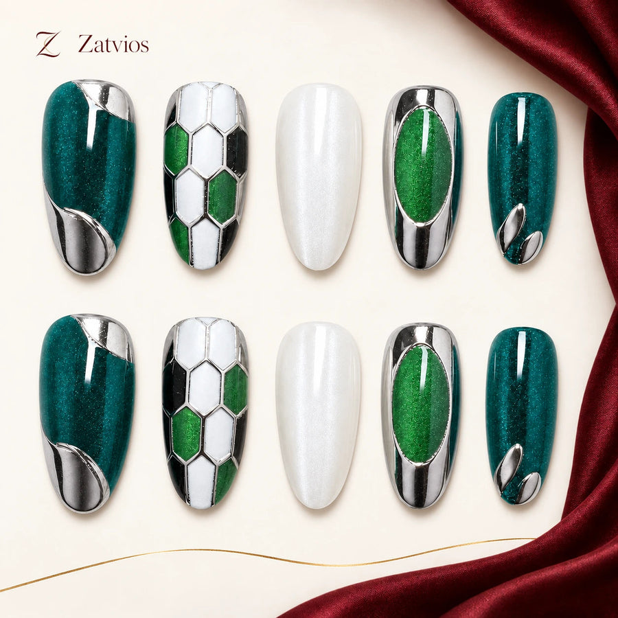 Zatvios Emerald Lattice DM-132 — ten-nail design display; Emerald / White / Silver