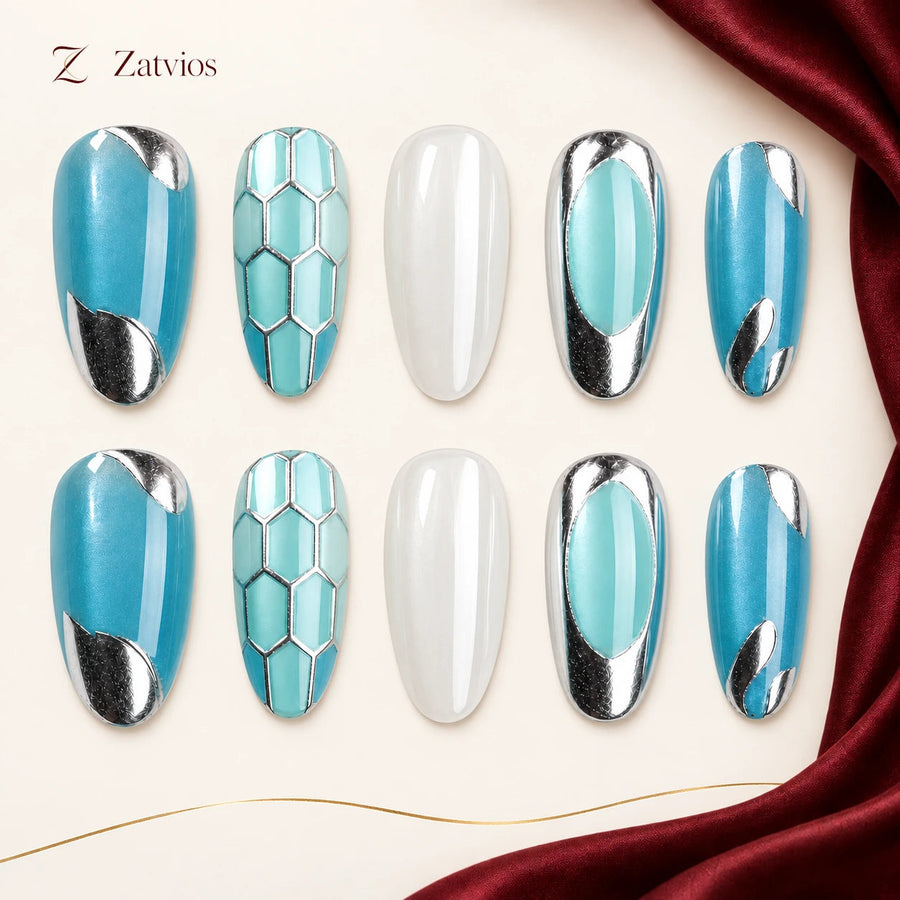 Zatvios Glacier Lattice DM-141 — ten-nail design display; Mint blue / White / Silver