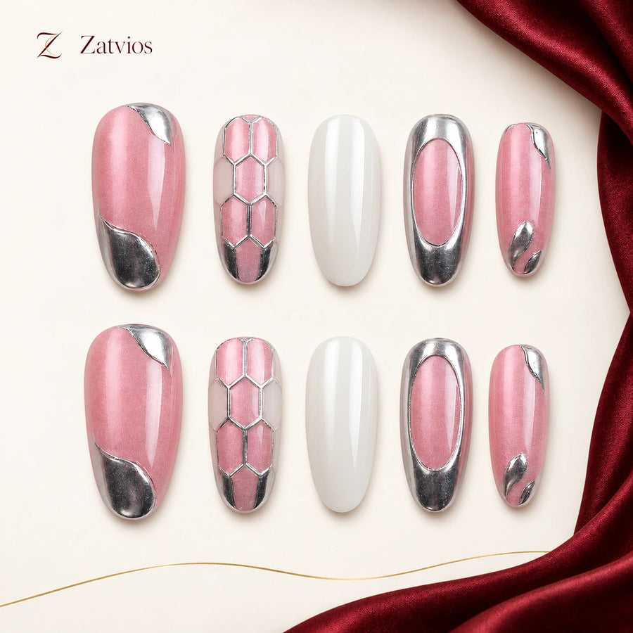 Zatvios Rose Lattice DM-142 — ten-nail design display; Rose pink / White / Silver