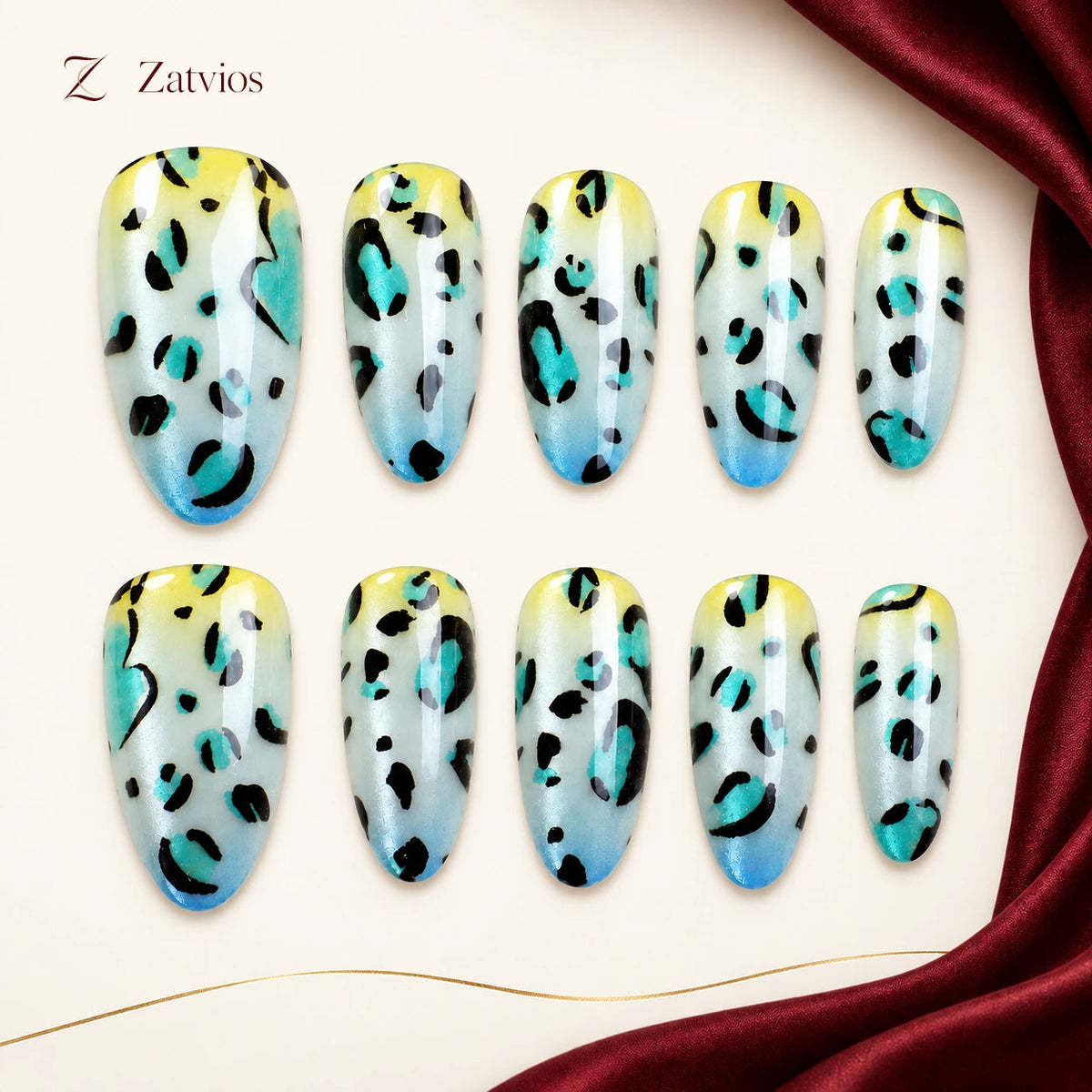 Zatvios Lagoon Instinct DM-148 — ten-nail design display; Cyan / Black / Nude