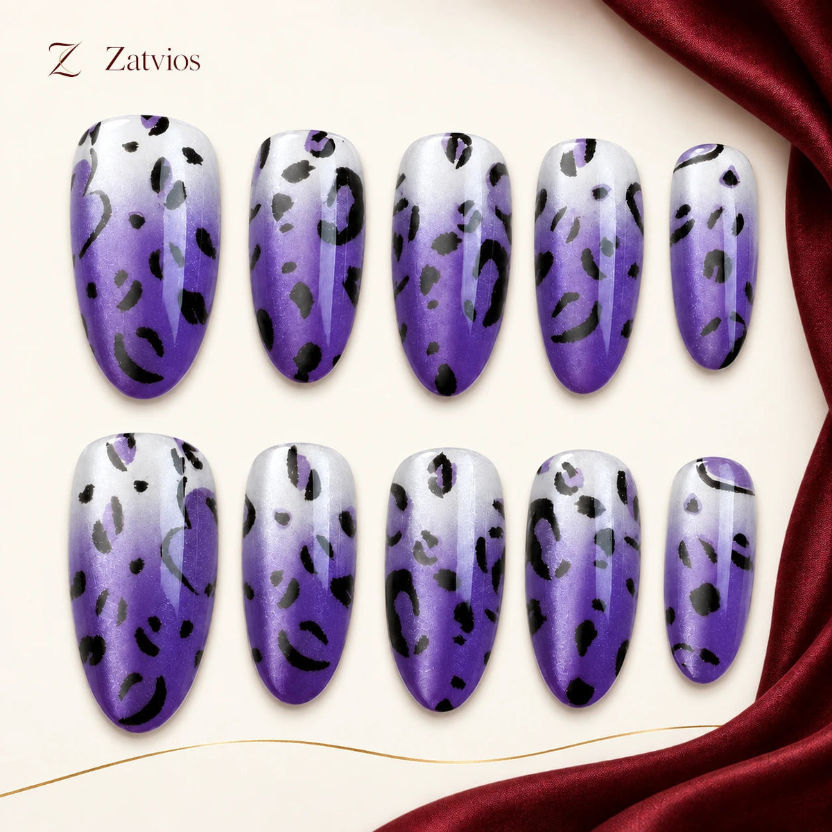 Zatvios Violet Instinct DM-149 — ten-nail design display; Violet / Black / Milky nude