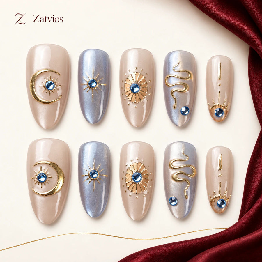 Zatvios Lavender Eclipse DM-268 — ten-nail design display; Nude / Pearl grey / Gold / Blue accents