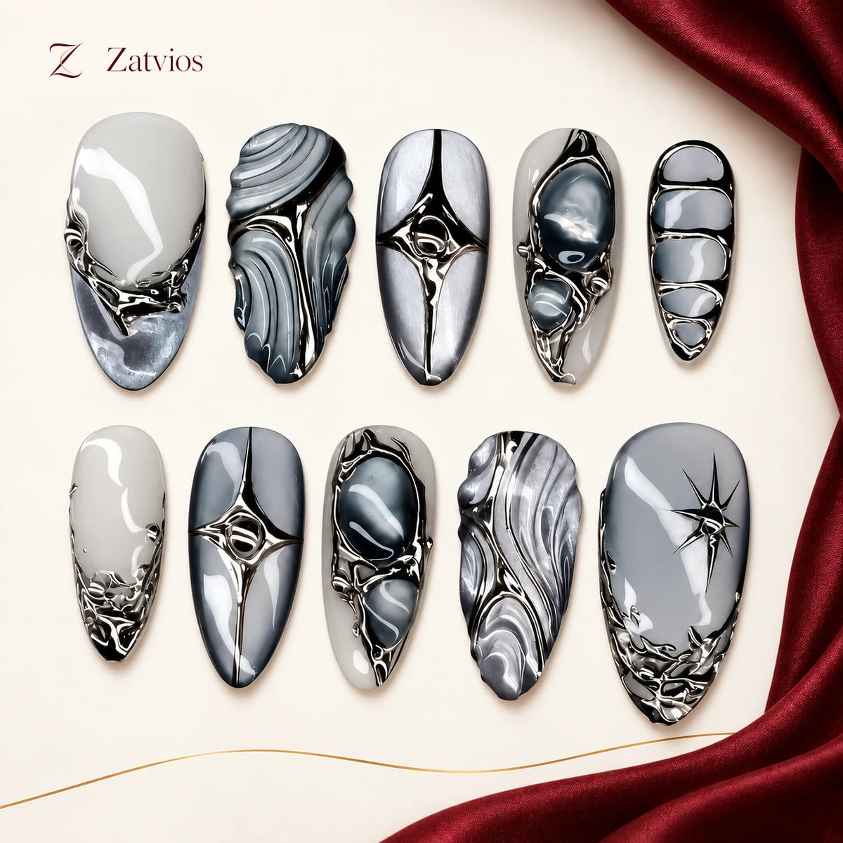 Zatvios Cloud Script DM-363 — ten-nail design display; Cloud white / Grey / Silver
