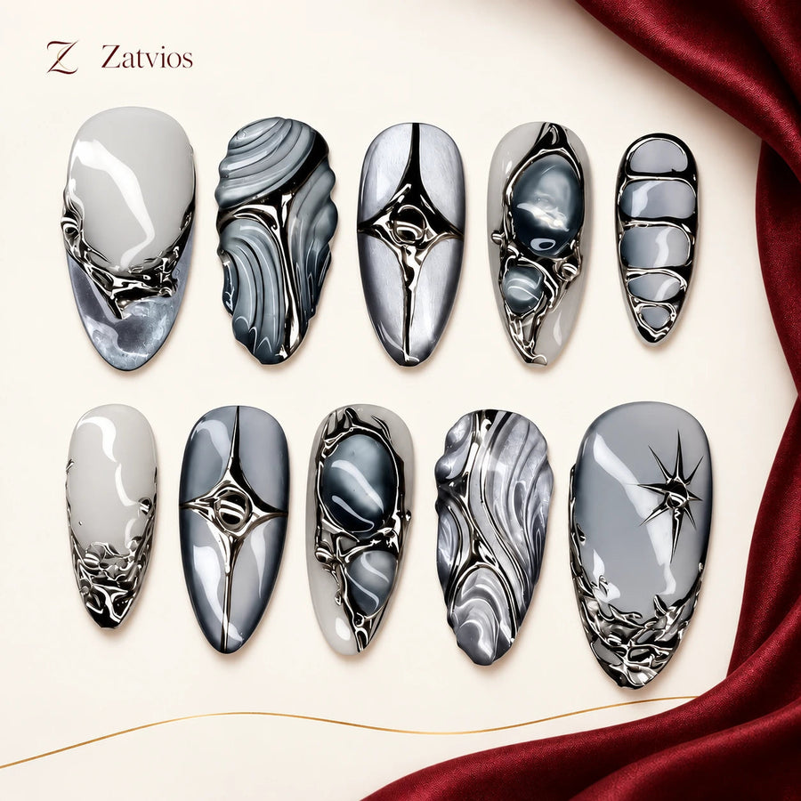 Zatvios Cloud Script DM-363 — ten-nail design display; Cloud white / Grey / Silver