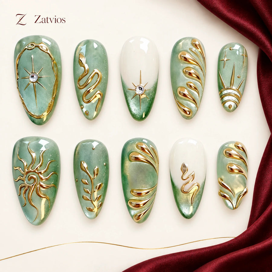 Zatvios Sage Solstice DM-366 — ten-nail design display; Sage / Nude / Gold
