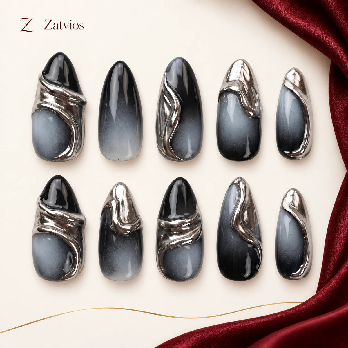 Zatvios Silver Current DM-367 — ten-nail design display; Charcoal / Grey / Silver