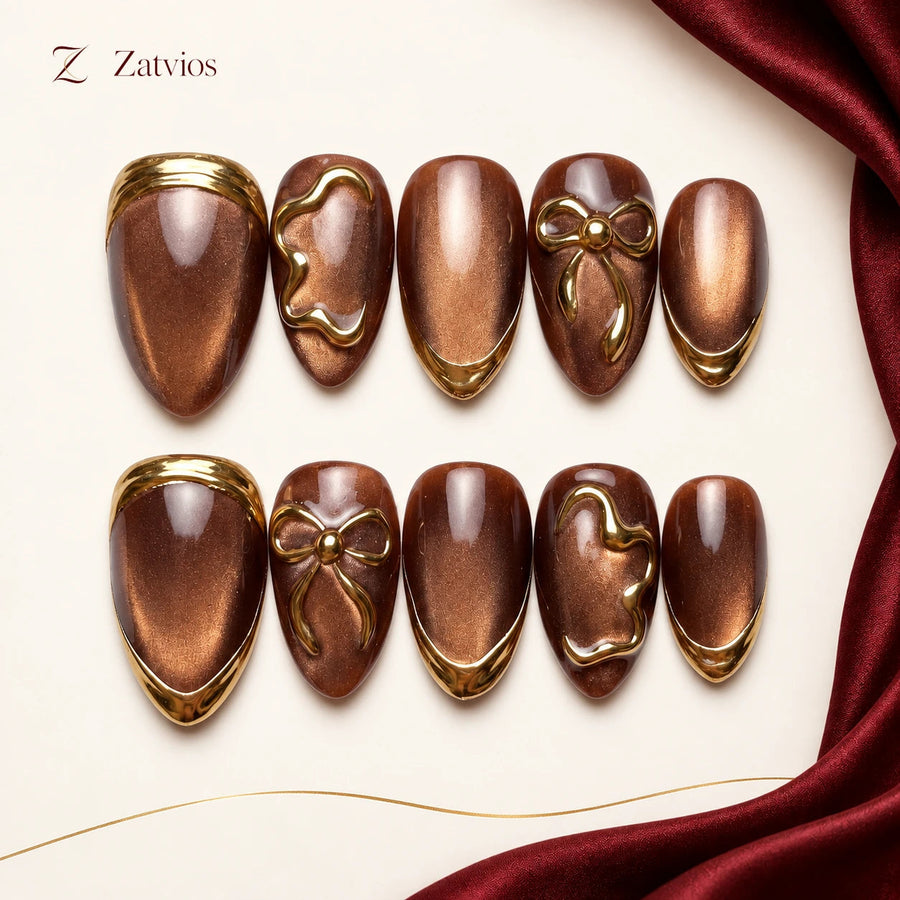 Zatvios Mocha Bow DM-406 — ten-nail design display; Coffee / Nude / Gold