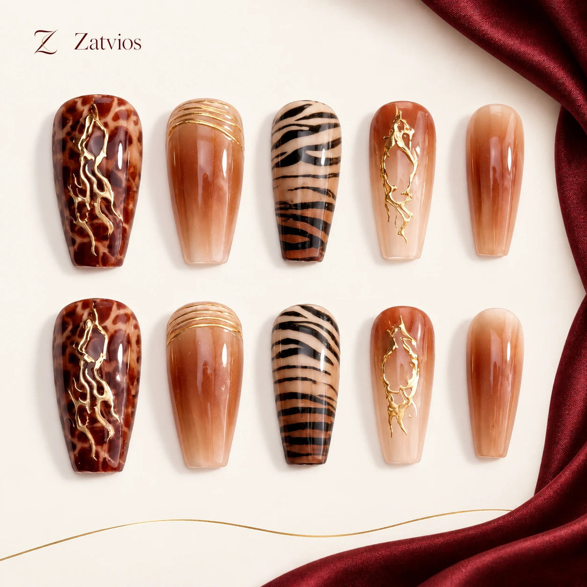 Zatvios Wild Umber DM-421 — ten-nail design display; Umber / Nude / Black
