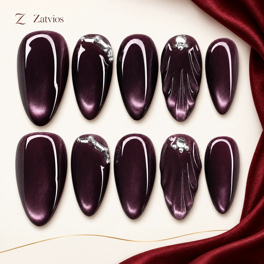 Zatvios Plum Current DM-431 — ten-nail design display; Deep plum / Silver