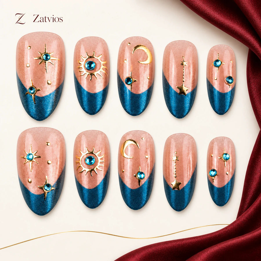 Zatvios Blue Hour DM-437 — ten-nail design display; Teal blue / Nude / Gold / Turquoise accents