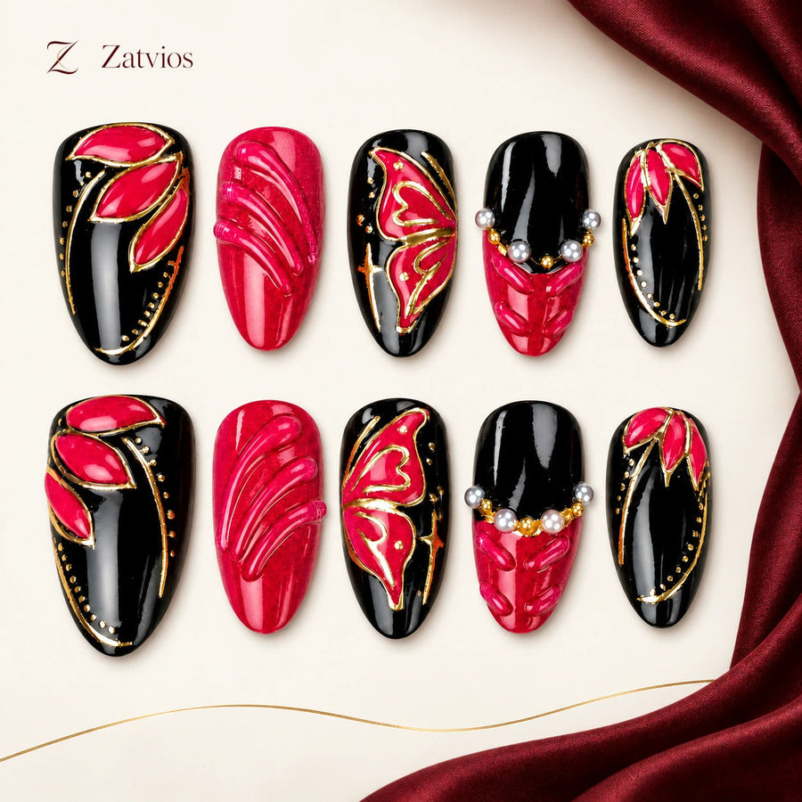 Zatvios Midnight Lotus DM-447 — ten-nail design display; Fuchsia / Black / Gold