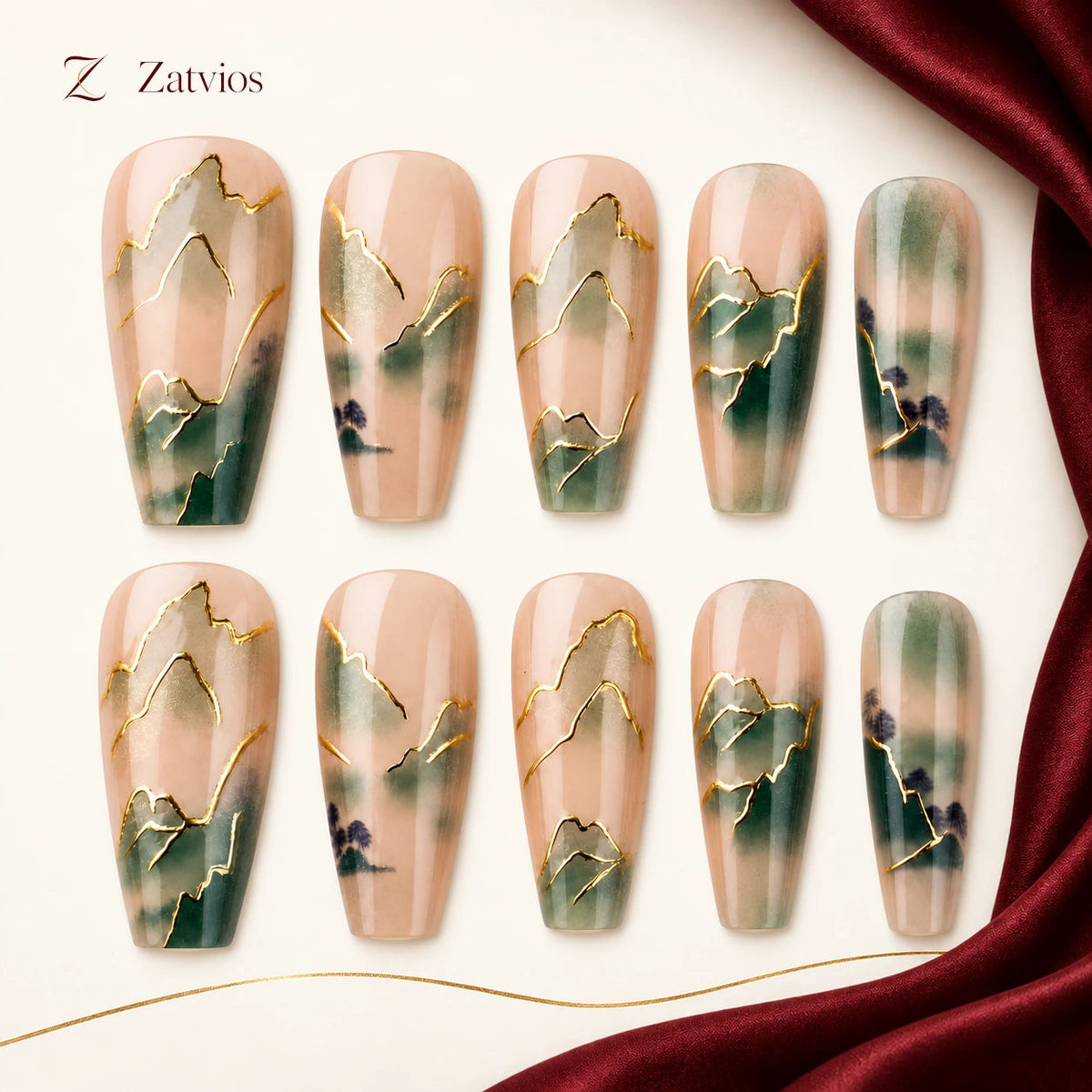 Zatvios Sage Landscape DM-462 — ten-nail design display; Sage / Mist / Gold