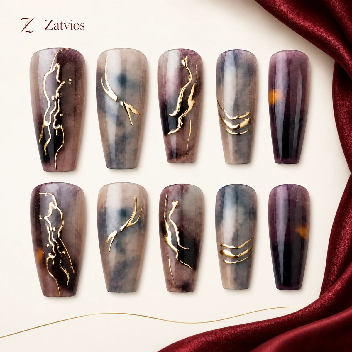 Zatvios Violet Faultline DM-463 — ten-nail design display; Violet / Grey / Gold