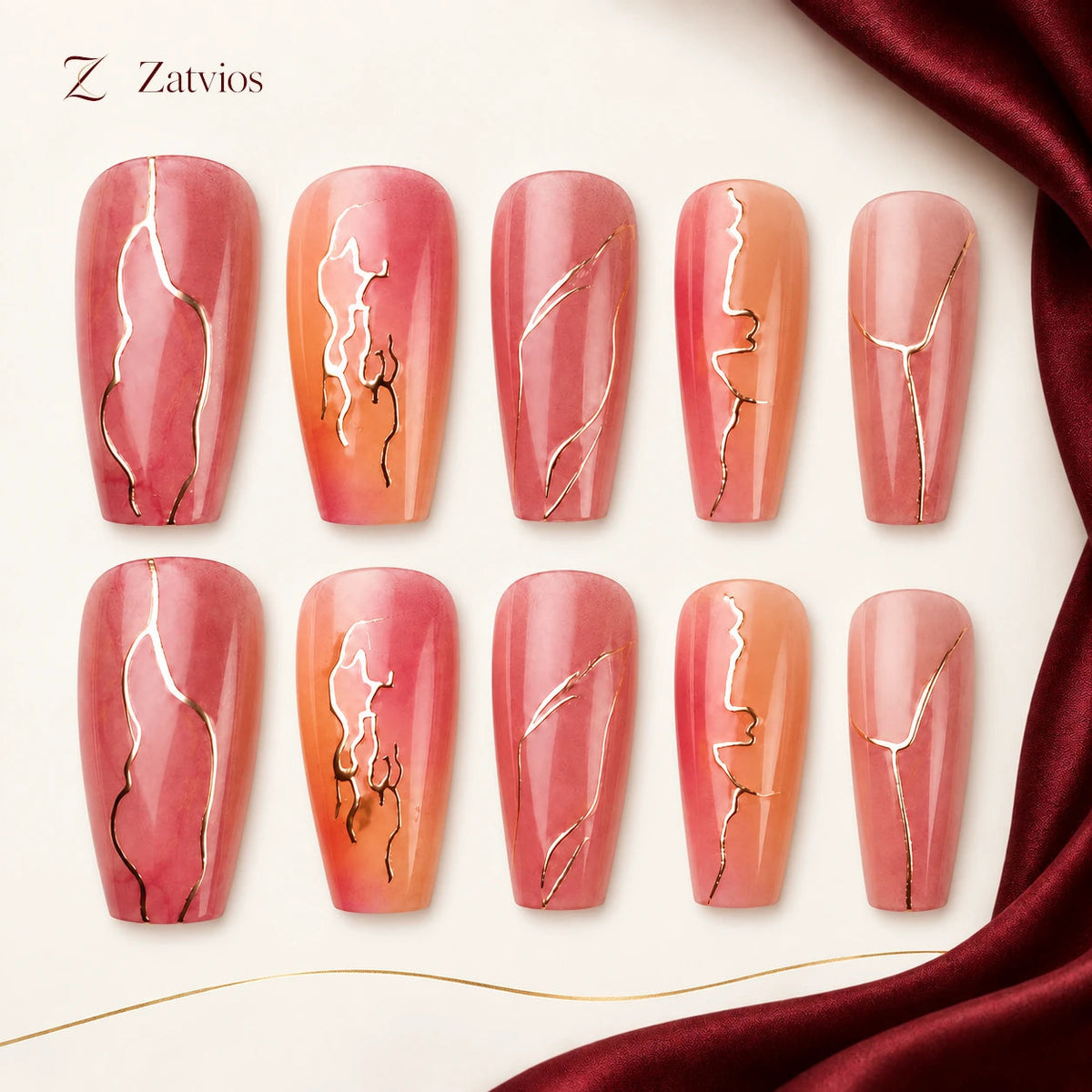 Zatvios Rose Watercolour DM-464 — ten-nail design display; Rose / Peach / Gold