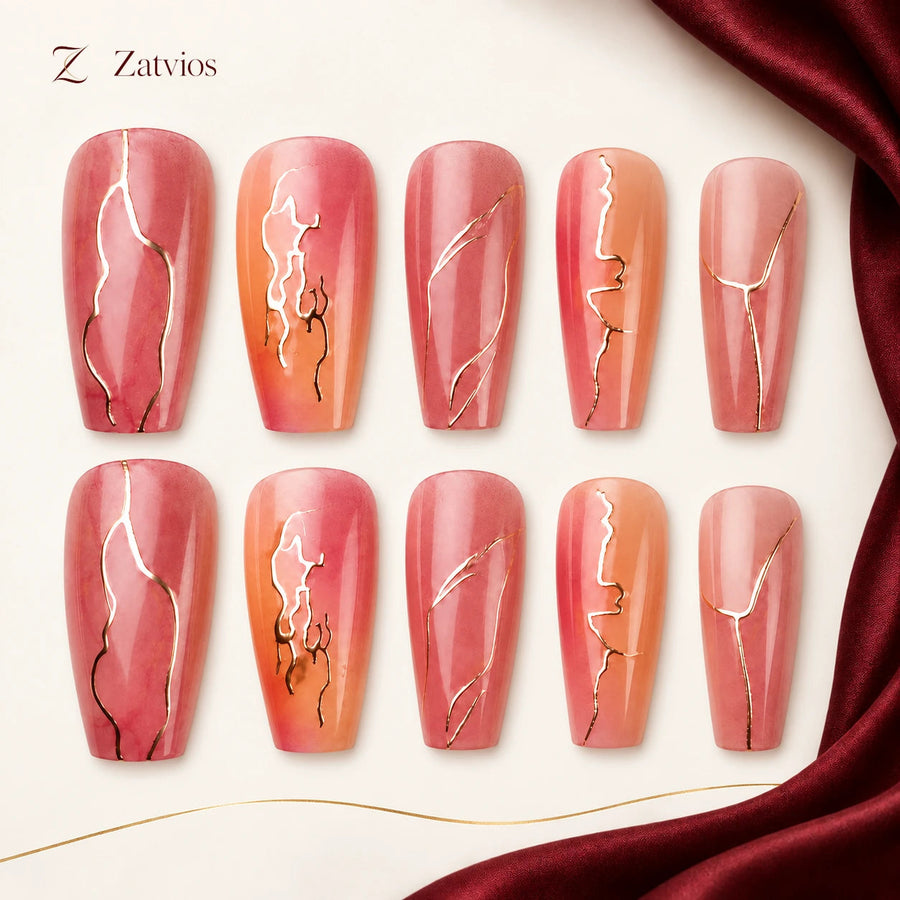 Zatvios Rose Watercolour DM-464 — ten-nail design display; Rose / Peach / Gold