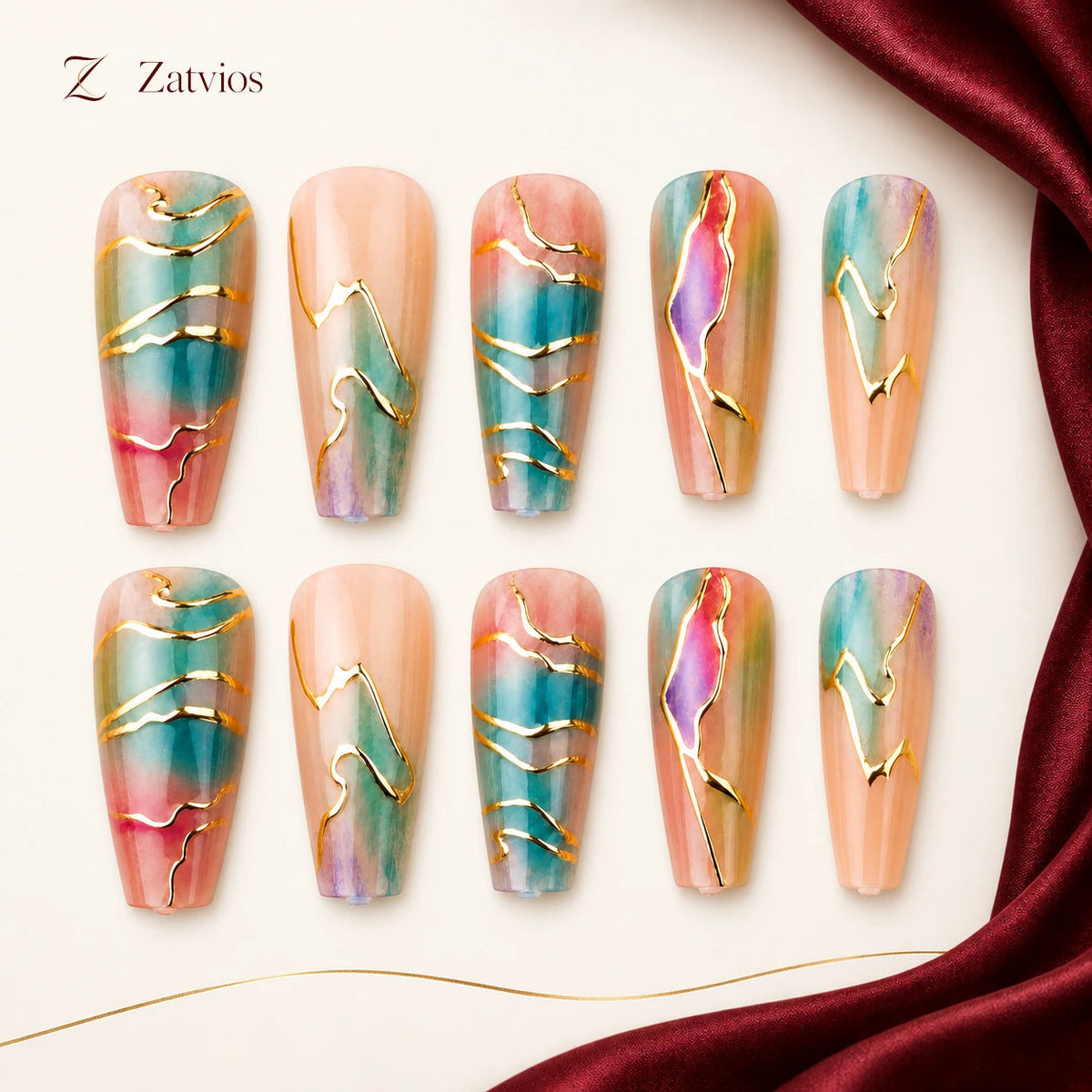 Zatvios Opal Tide DM-465 — ten-nail design display; Seafoam / Peach / Lilac