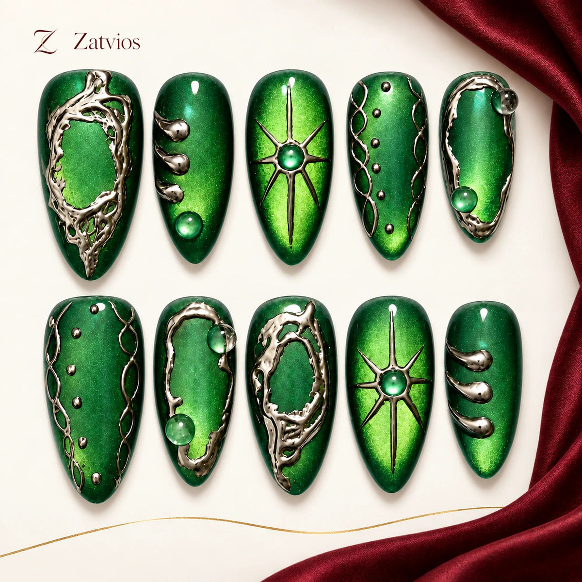 Zatvios Emerald Nocturne DM-474 — ten-nail design display; Emerald / Black / Silver