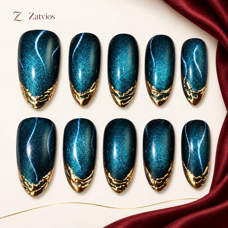 Zatvios Teal Horizon DM-573 — ten-nail design display; Deep teal / Blue / Gold