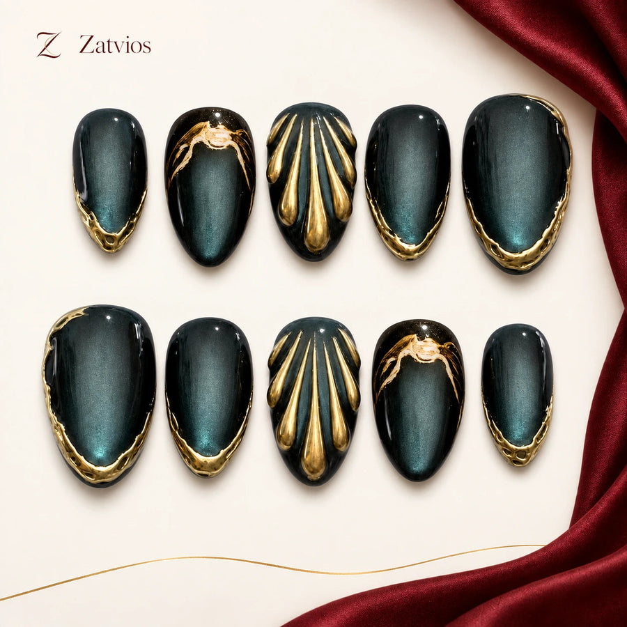 Zatvios Verdant Shell DM-621 — ten-nail design display; Deep teal / Black / Gold