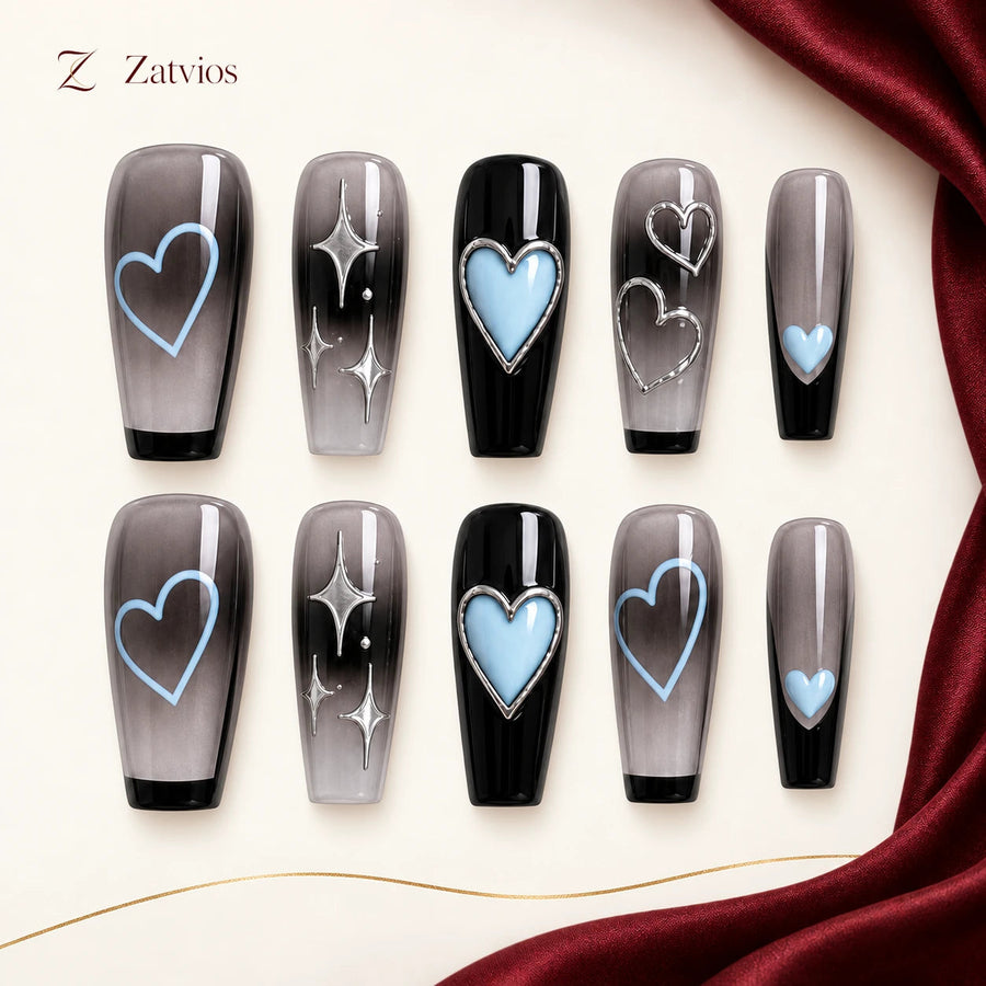 Zatvios Midnight Hearts DM-63 — ten-nail design display; Smoky grey / Black / Ice blue / Silver