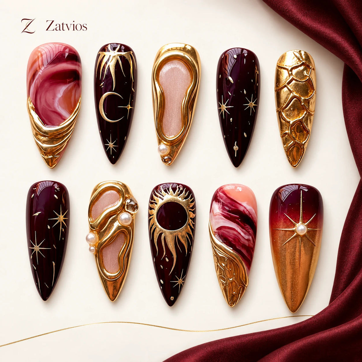 Zatvios Bordeaux Cosmos DM-633 — ten-nail design display; Bordeaux / Nude / Gold