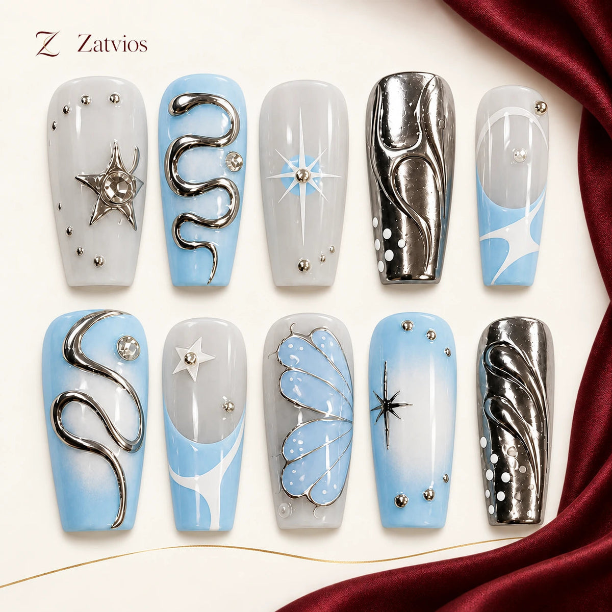 Zatvios Blue Reverie DM-66 — ten-nail design display; Ice blue / Silver / Cloud