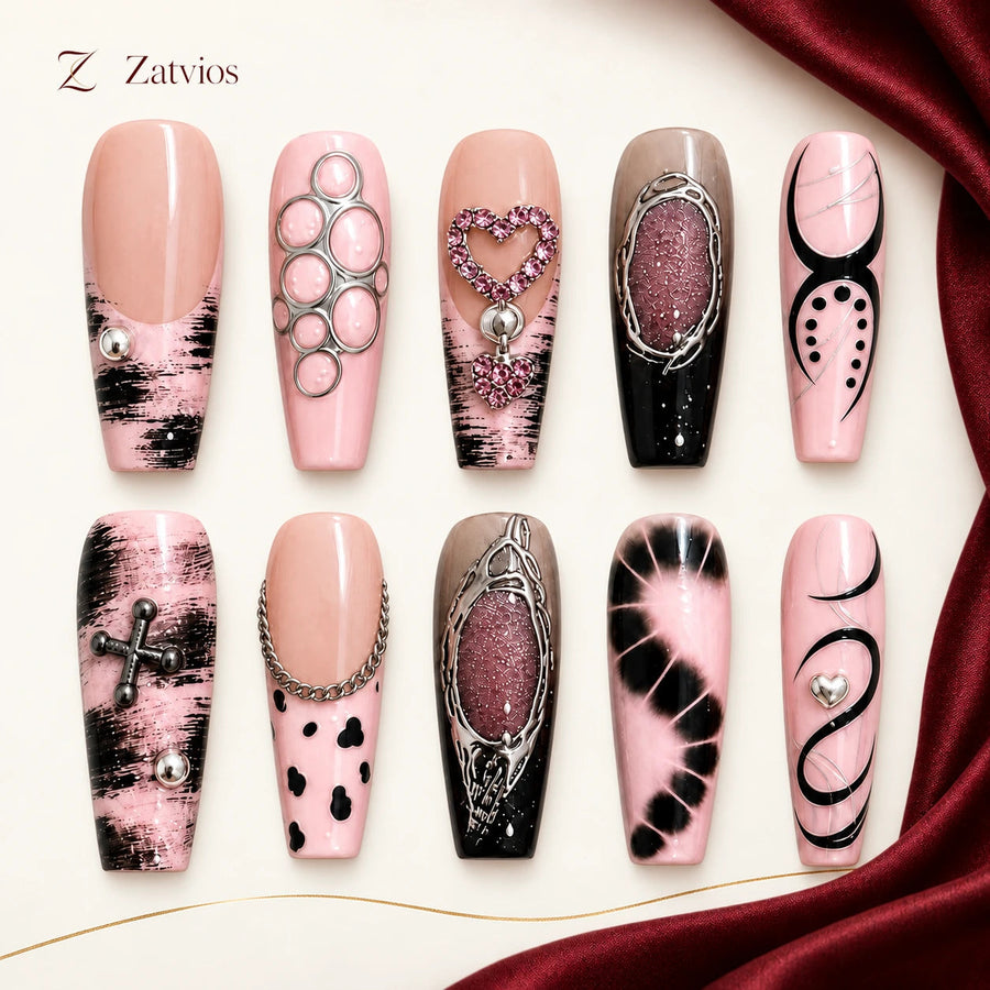 Zatvios Blush After Dark DM-73 — ten-nail design display; Blush / Black / Silver