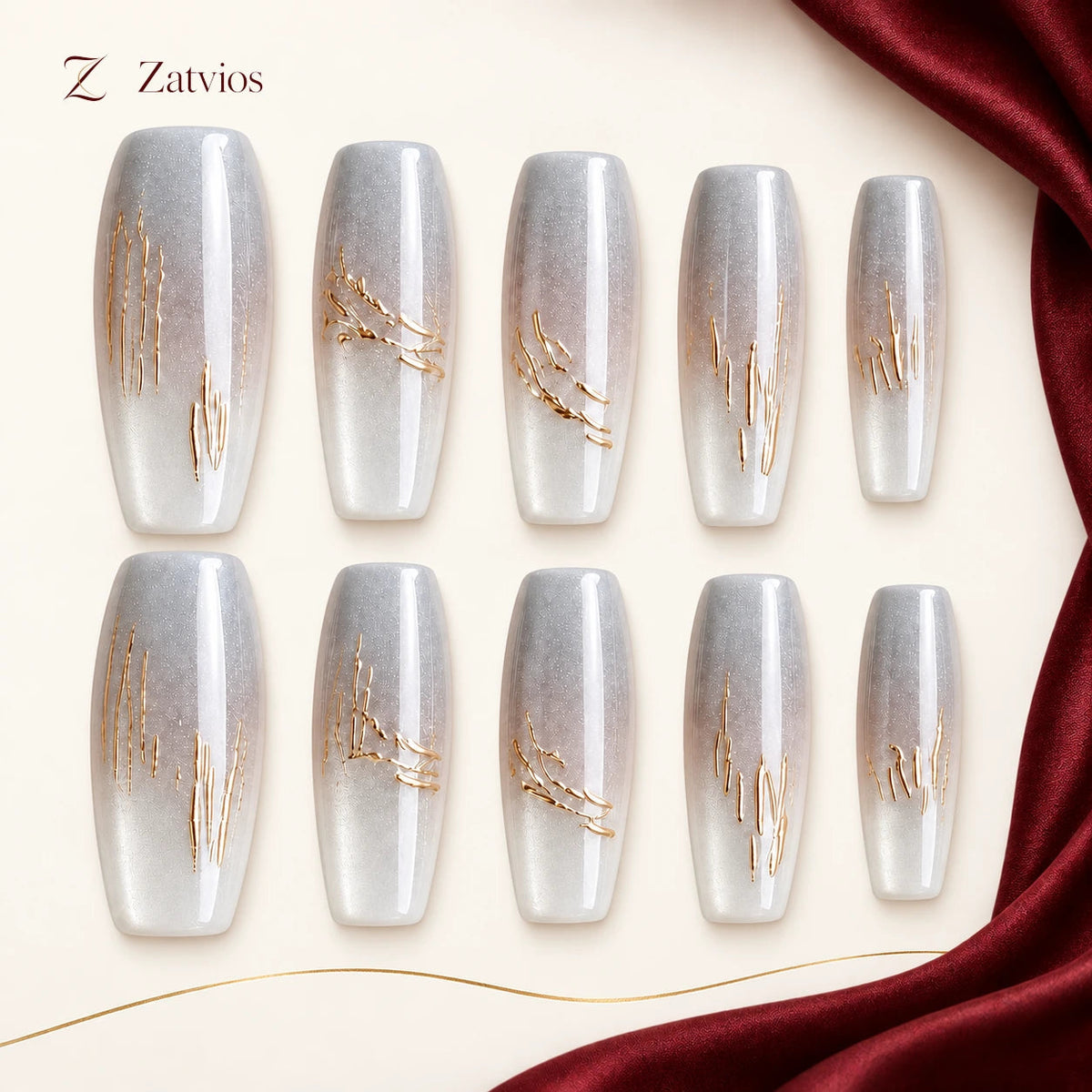 Zatvios Pearl Lines DM-76 — ten-nail design display; Pearl grey / Silver / Gold