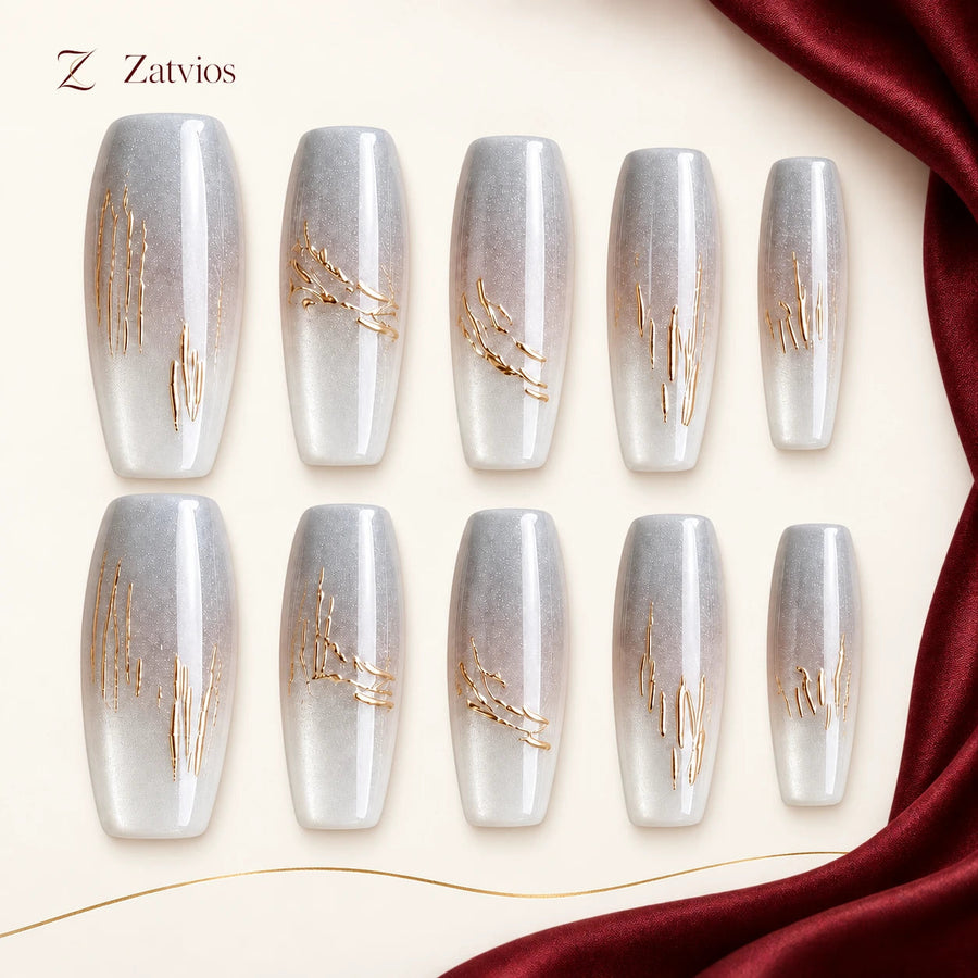 Zatvios Pearl Lines DM-76 — ten-nail design display; Pearl grey / Silver / Gold