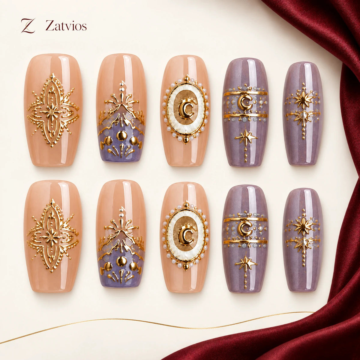 Zatvios Lavender Constellation DM-85 — ten-nail design display; Lavender / Nude / Gold