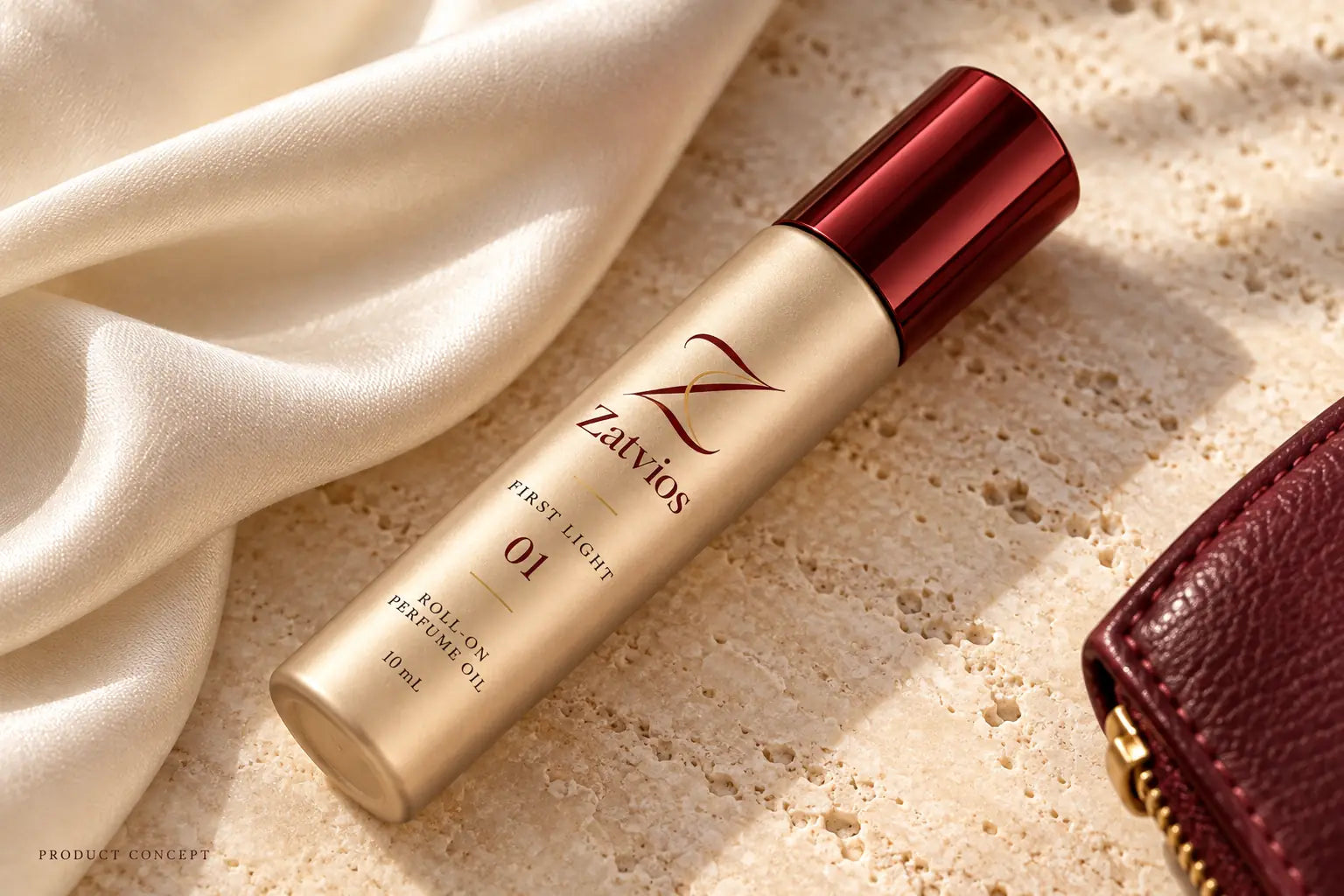 Single First Light roll-on bottle with a standard burgundy cap beside a scarf and handbag