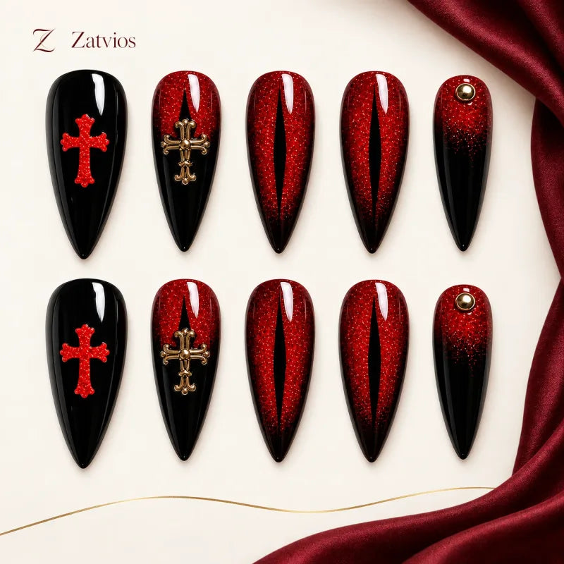 Zatvios Crimson Icon DM-107 — ten-nail design display; Crimson / Black / Gold-toned accents