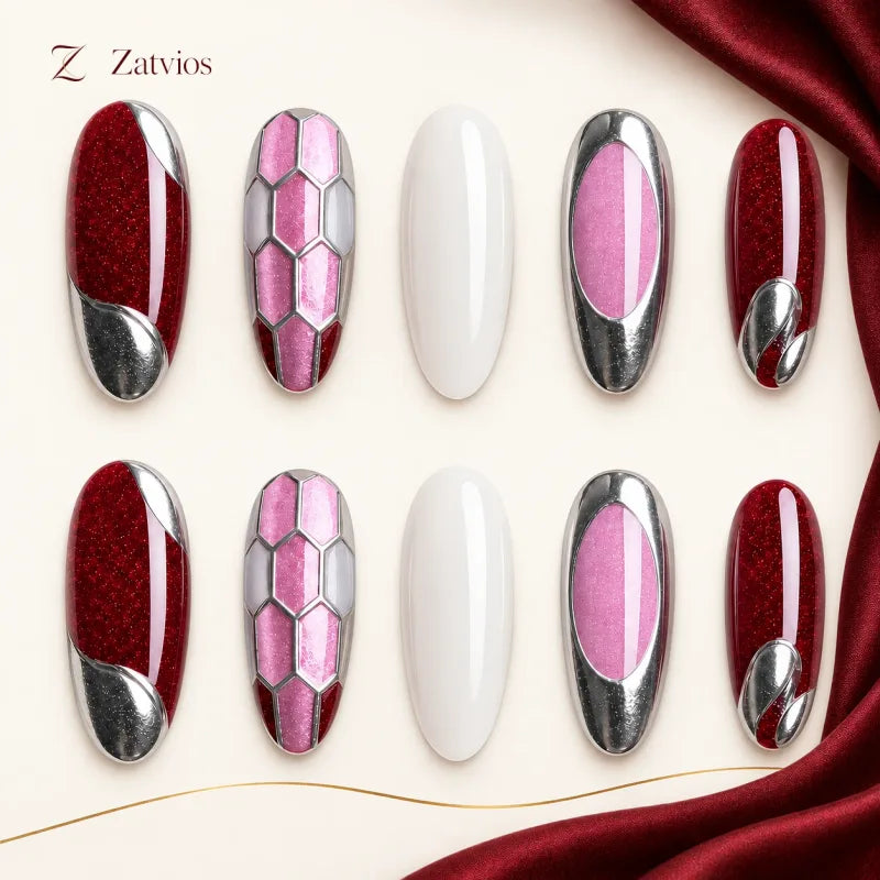 Zatvios Bordeaux Lattice DM-124 — ten-nail design display; Bordeaux / Rose / Silver