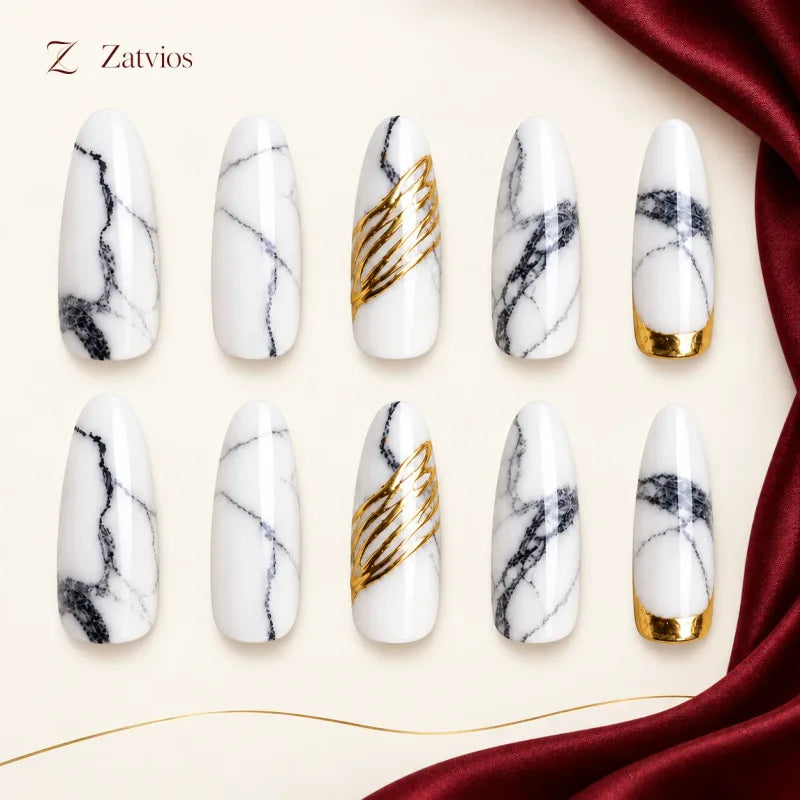 Zatvios Marble Muse DM-129 — ten-nail design display; White / Grey / Gold