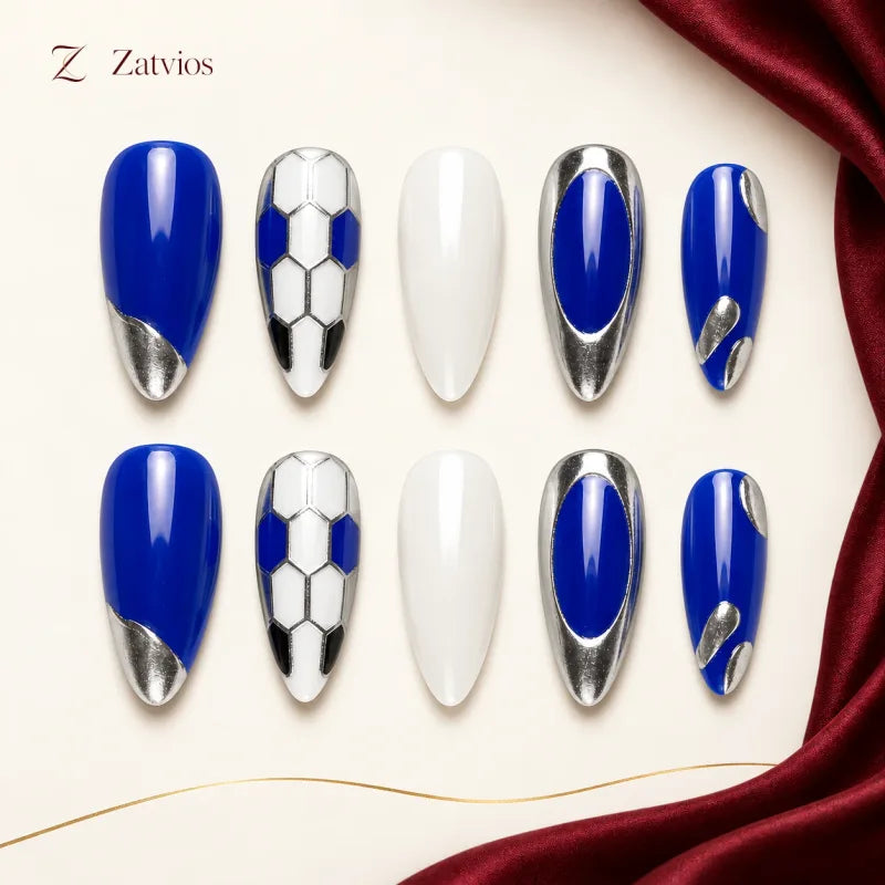 Zatvios Cobalt Lattice DM-150 — ten-nail design display; Cobalt / Silver / White
