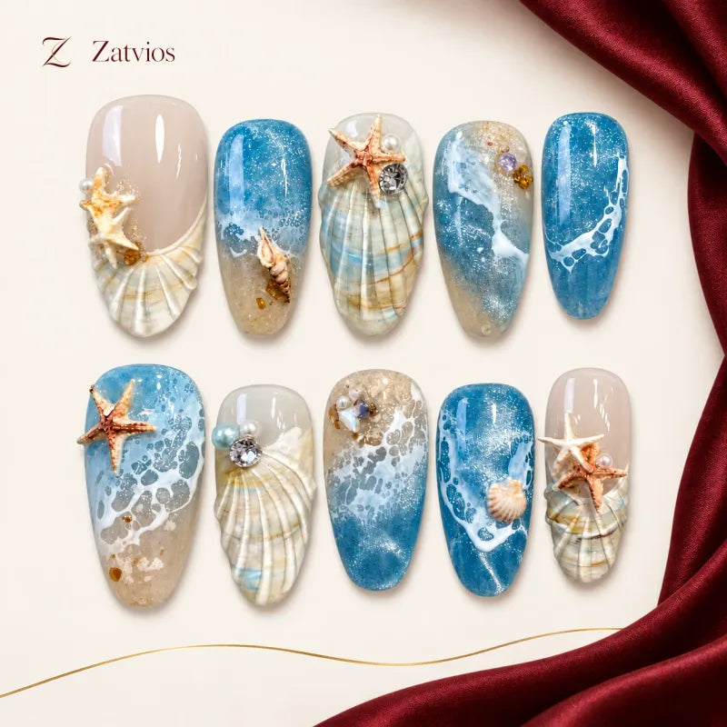 Zatvios Tidal Charms DM-151 — ten-nail design display; Ocean blue / Sand / Pearl