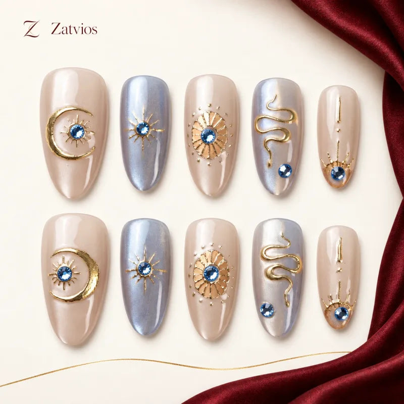 Zatvios Lavender Eclipse DM-268 — ten-nail design display; Nude / Pearl grey / Gold / Blue accents