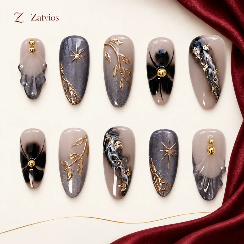 Zatvios Quiet Marble DM-336 — ten-nail design display; Nude / Smoke grey / Gold