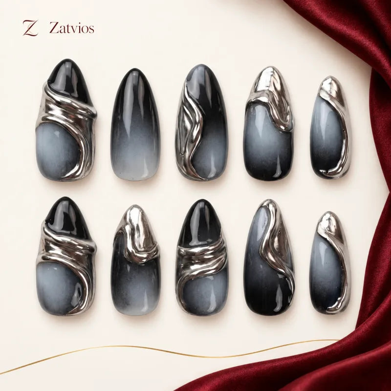 Zatvios Silver Current DM-367 — ten-nail design display; Charcoal / Grey / Silver