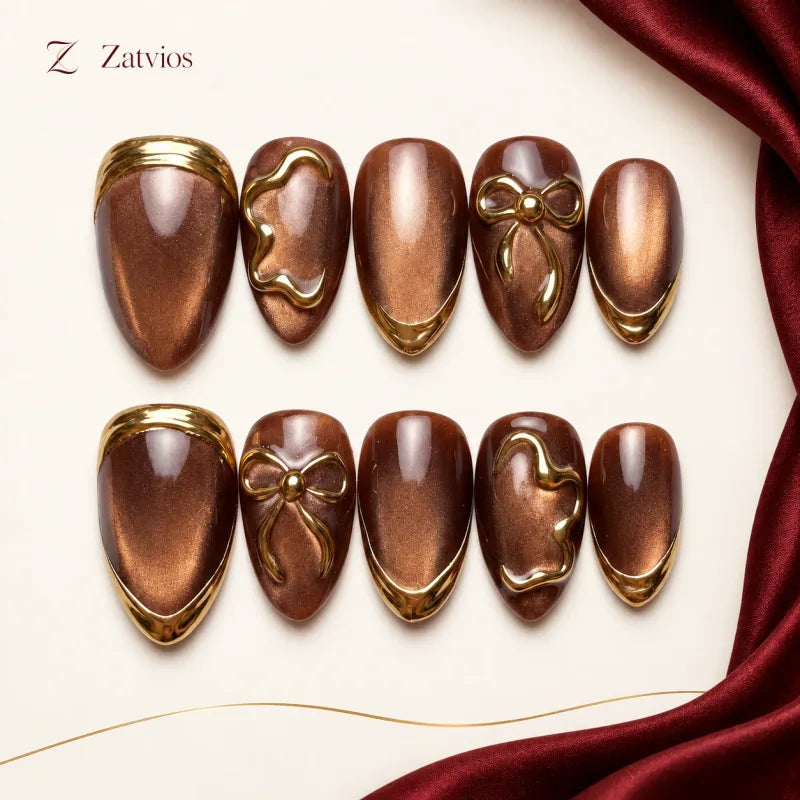 Zatvios Mocha Bow DM-406 — ten-nail design display; Coffee / Nude / Gold
