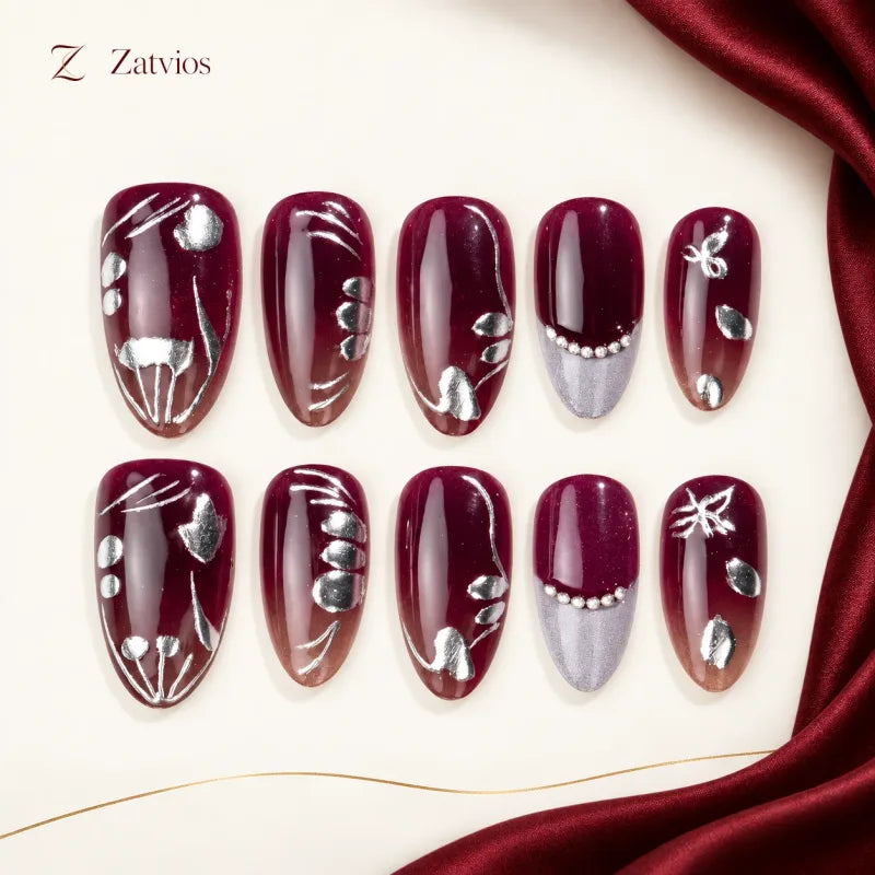 Zatvios Bordeaux Leaf DM-416 — ten-nail design display; Burgundy / Nude / Silver