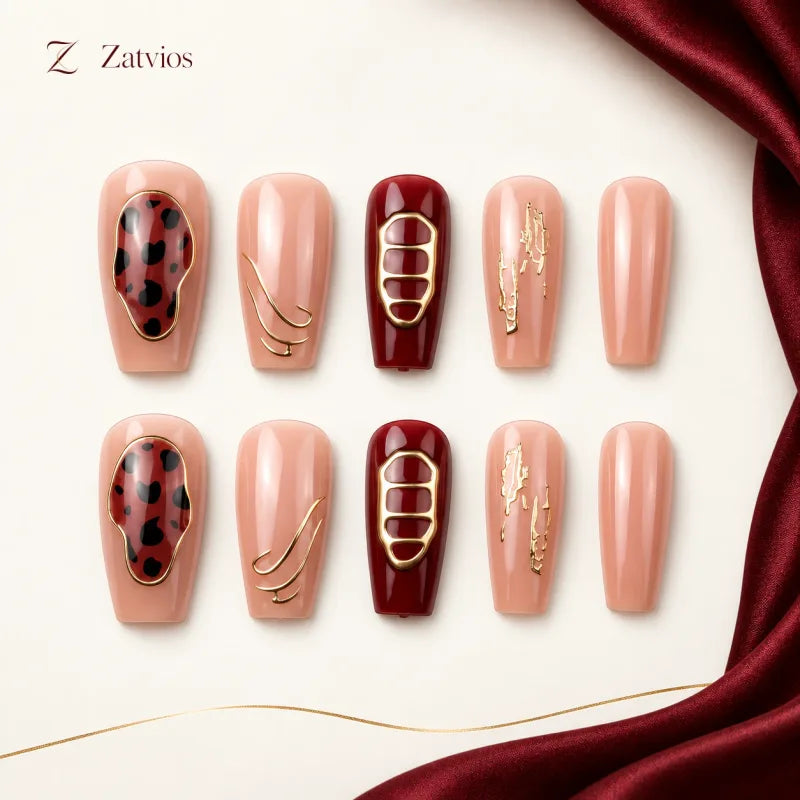 Zatvios Scarlet Instinct DM-425 — ten-nail design display; Scarlet / Nude / Gold