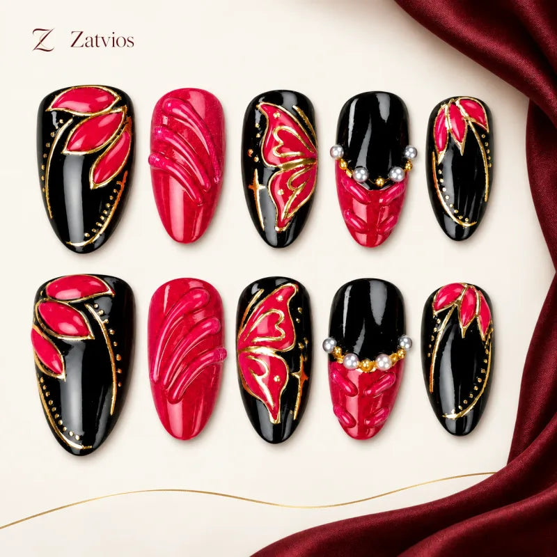 Zatvios Midnight Lotus DM-447 — ten-nail design display; Fuchsia / Black / Gold