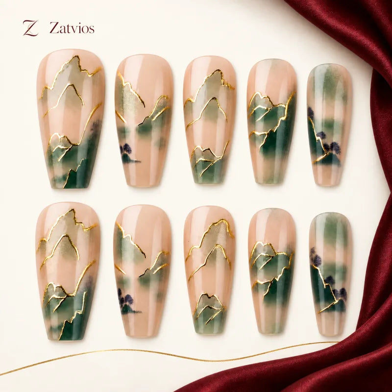 Zatvios Sage Landscape DM-462 — ten-nail design display; Sage / Mist / Gold