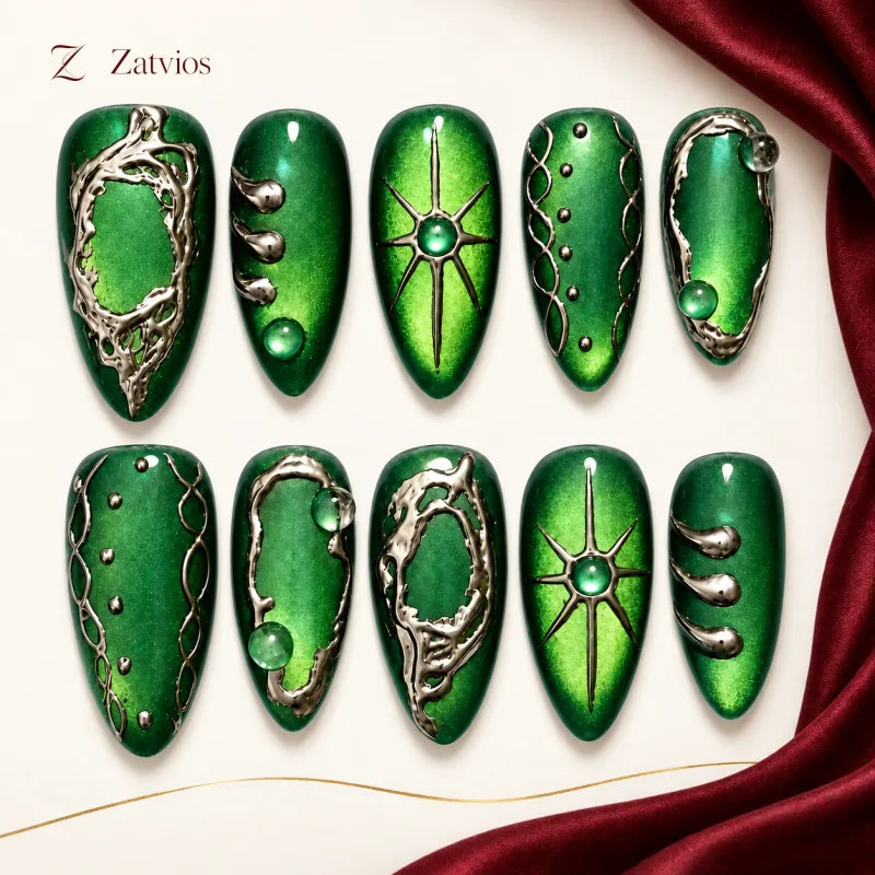 Zatvios Emerald Nocturne DM-474 — ten-nail design display; Emerald / Black / Silver